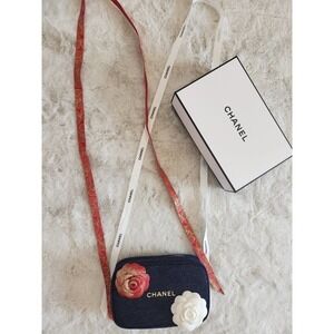 New CHANEL 2023 Pouch Camellia Flower Glittered Ribbon Box Bag Denim